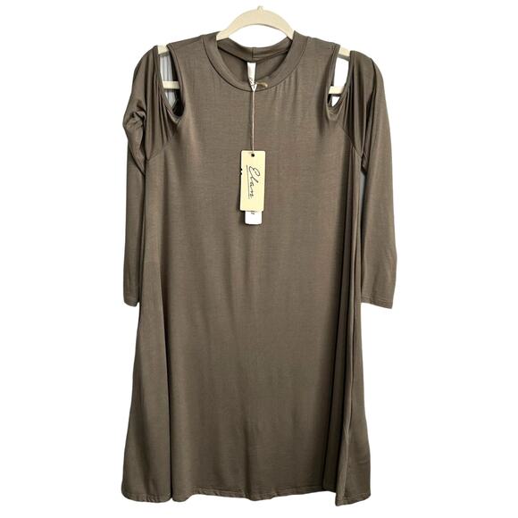 NWT Elan Soma Olive Dress S Cold Shoulder Flounce Relaxed Fit Stretch Casual - Picture 4 of 15